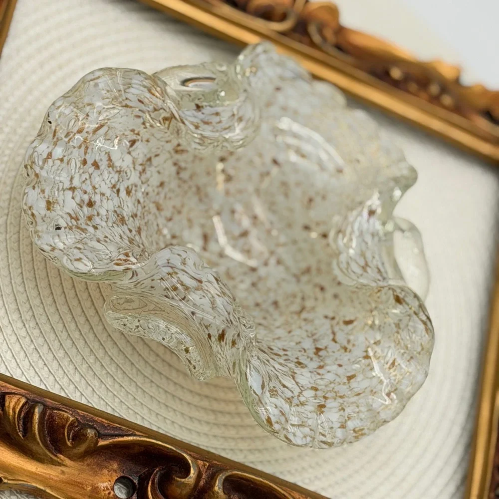 Vintage Hand Blown Art Glass Ruffled Bowl White Gold Fleck Splatter Murano Style